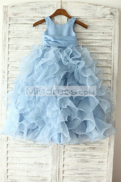 Blue Satin Ruffle Organza Skirt Princess Flower Girl Dress With Sash/flower - Flower Girl Dresses