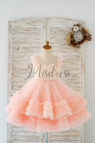 Blush Pink V Back Pearl Beaded Tulle Wedding Flower Girl Dress Kids Party Dress - 1T