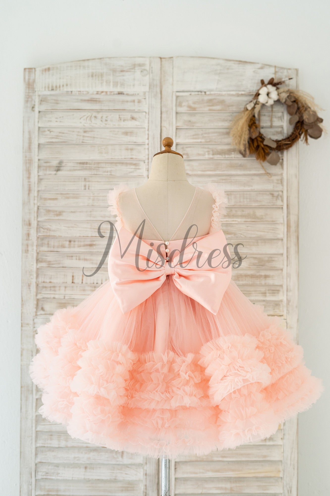 Blush Pink V Back Pearl Beaded Tulle Wedding Flower Girl Dress Kids Party Dress