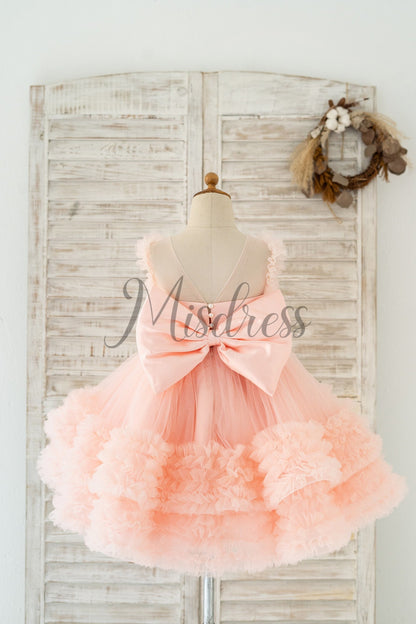 Blush Pink V Back Pearl Beaded Tulle Wedding Flower Girl Dress Kids Party Dress
