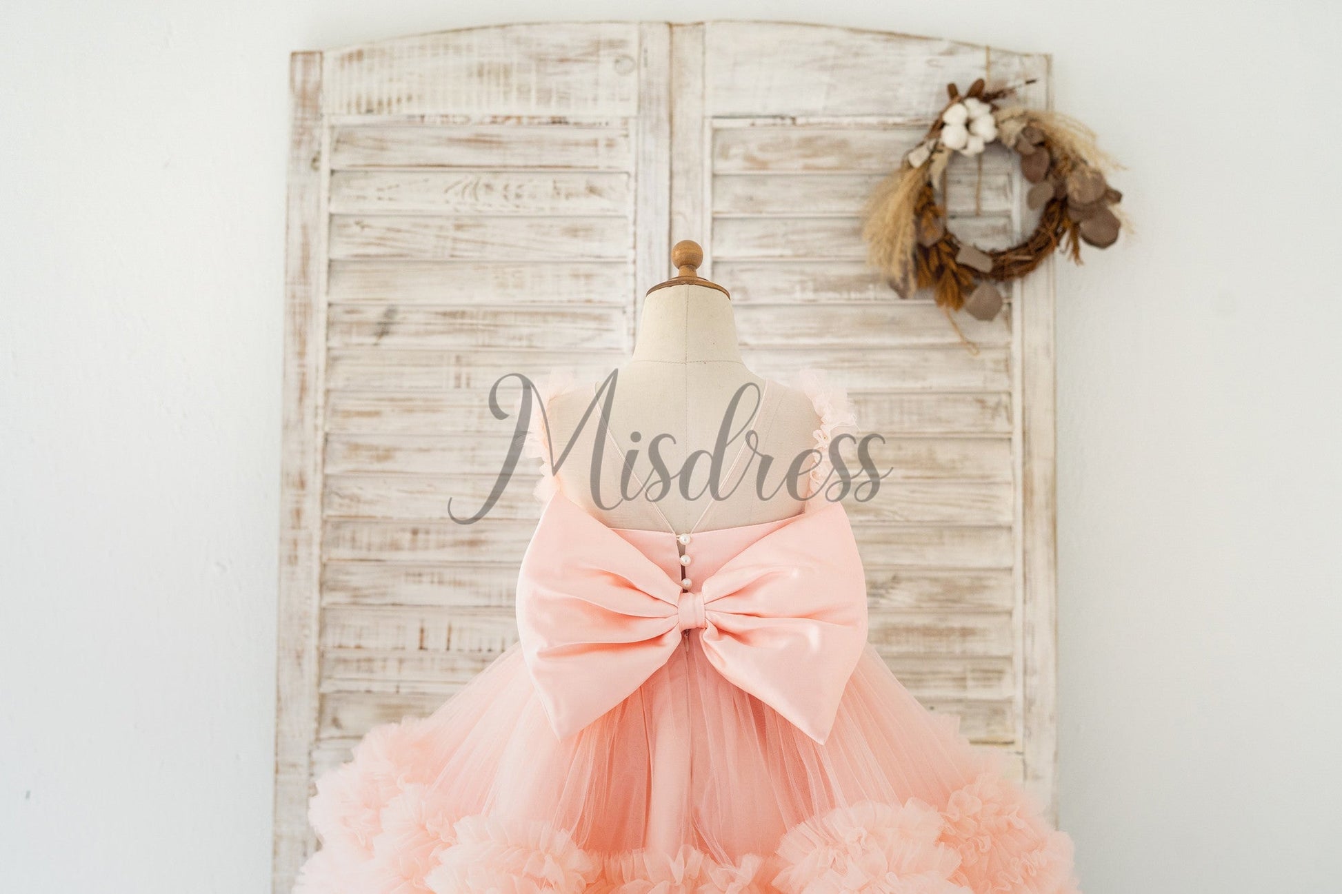 Blush Pink V Back Pearl Beaded Tulle Wedding Flower Girl Dress Kids Party Dress