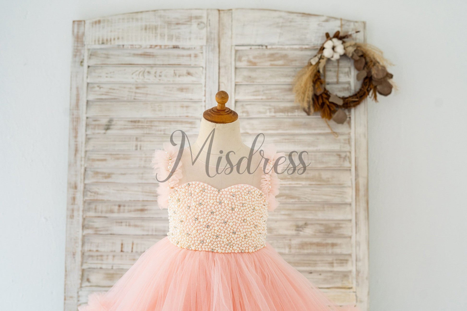 Blush Pink V Back Pearl Beaded Tulle Wedding Flower Girl Dress Kids Party Dress