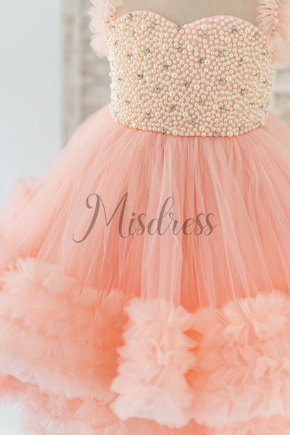 Blush Pink V Back Pearl Beaded Tulle Wedding Flower Girl Dress Kids Party Dress