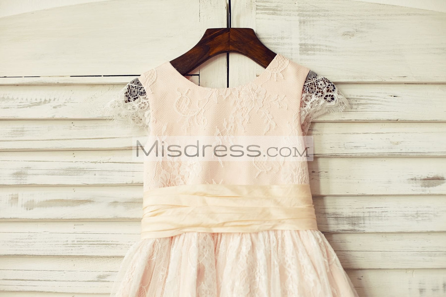 Blush Pink Satin Ivory Lace Cap Sleeves Flower Girl Dresses (Peach Sash) - Flower Girl Dresses