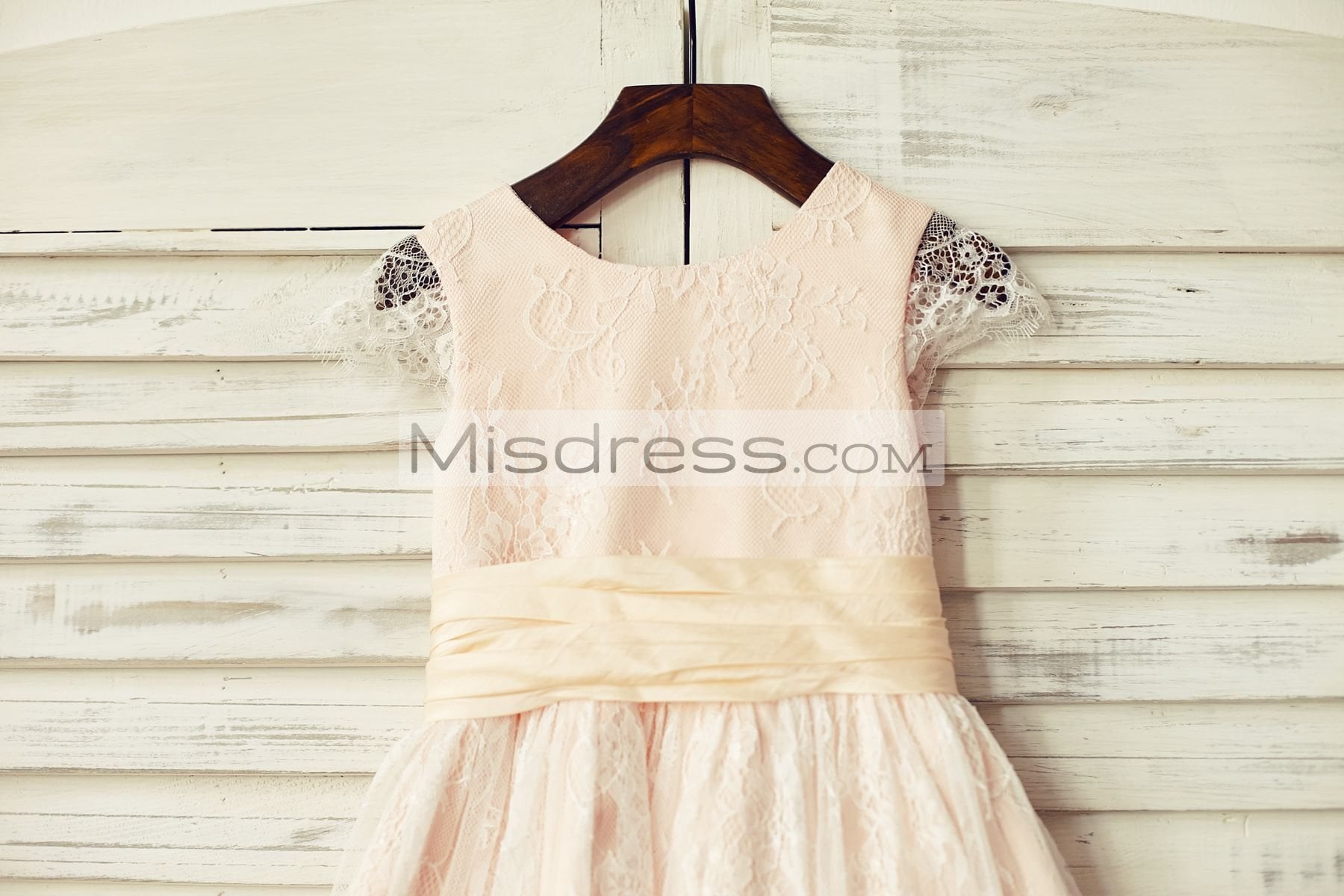 Blush Pink Satin Ivory Lace Cap Sleeves Flower Girl Dresses (Peach Sash) - Flower Girl Dresses