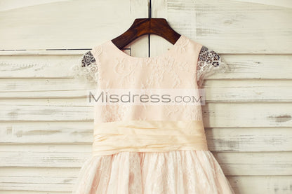 Blush Pink Satin Ivory Lace Cap Sleeves Flower Girl Dresses (Peach Sash) - Flower Girl Dresses