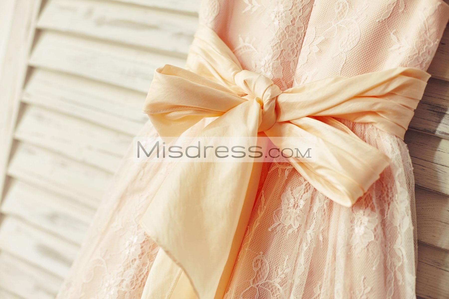 Blush Pink Satin Ivory Lace Cap Sleeves Flower Girl Dresses (Peach Sash) - Flower Girl Dresses