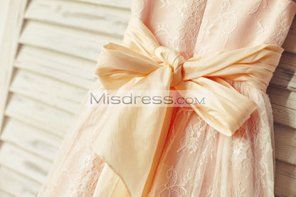 Blush Pink Satin Ivory Lace Cap Sleeves Flower Girl Dresses (Peach Sash) - Flower Girl Dresses