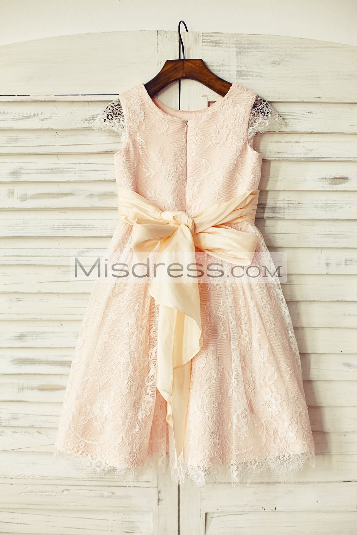 Blush Pink Satin Ivory Lace Cap Sleeves Flower Girl Dresses (Peach Sash) - Flower Girl Dresses