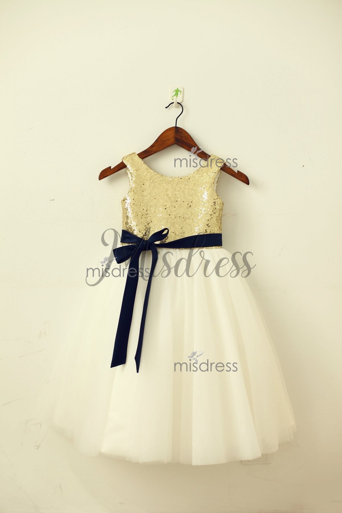 Blush Pink/Gold Sequin Ivory Tulle Flower Girl Dress with navy/champagne sash - 1T --- Chest = 20 inches/ Waist = 19 inches/ Hollow to knee