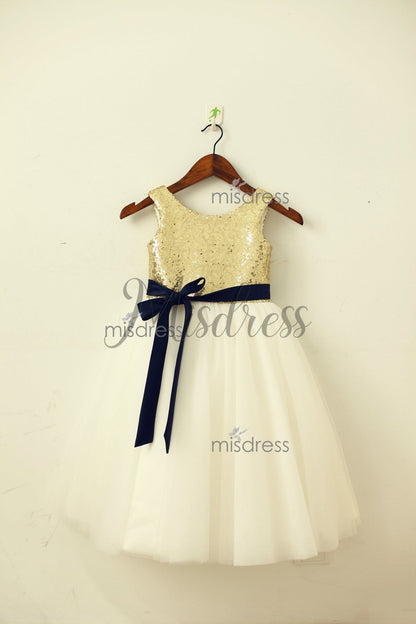 Blush Pink/Gold Sequin Ivory Tulle Flower Girl Dress with navy/champagne sash - 1T --- Chest = 20 inches/ Waist = 19 inches/ Hollow to knee