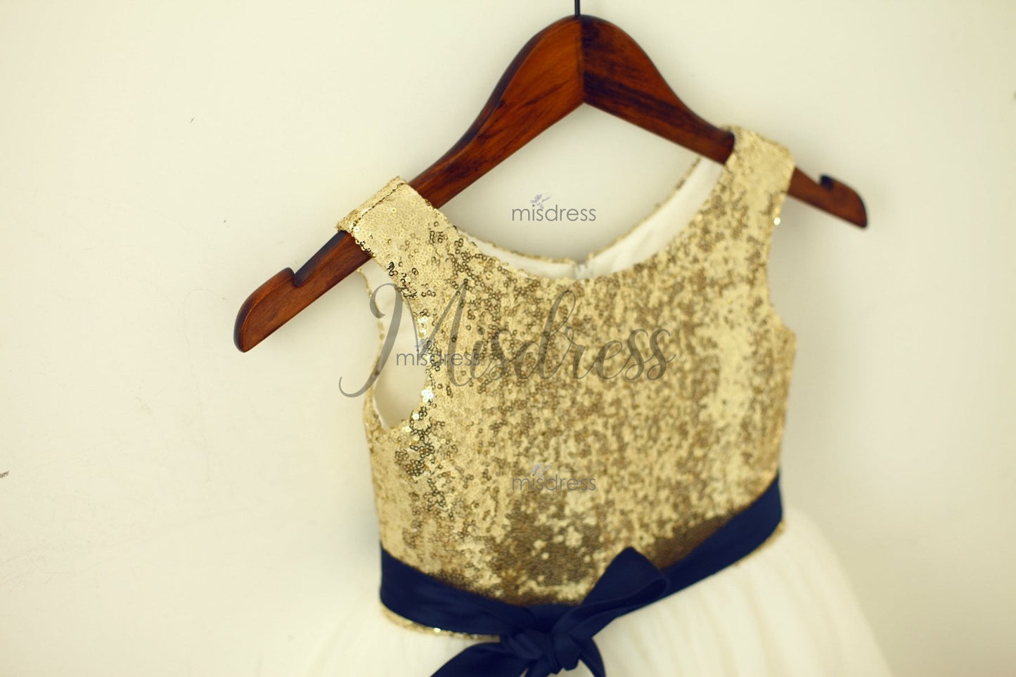 Blush Pink/gold Sequin Ivory Tulle Flower Girl Dress With Navy/champagne Sash - Flower Girl Dresses