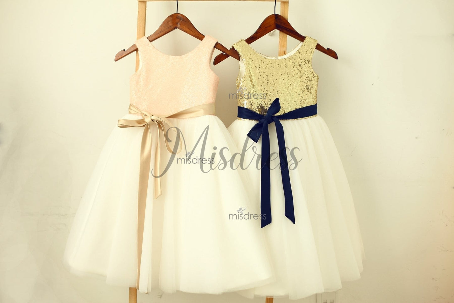 Blush Pink/gold Sequin Ivory Tulle Flower Girl Dress With Navy/champagne Sash - Flower Girl Dresses
