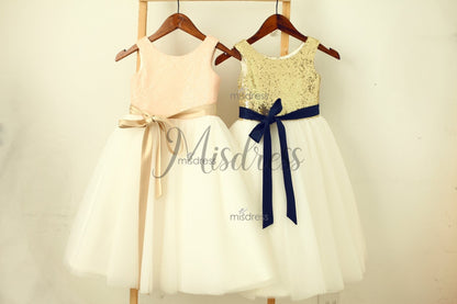 Blush Pink/gold Sequin Ivory Tulle Flower Girl Dress With Navy/champagne Sash - Flower Girl Dresses