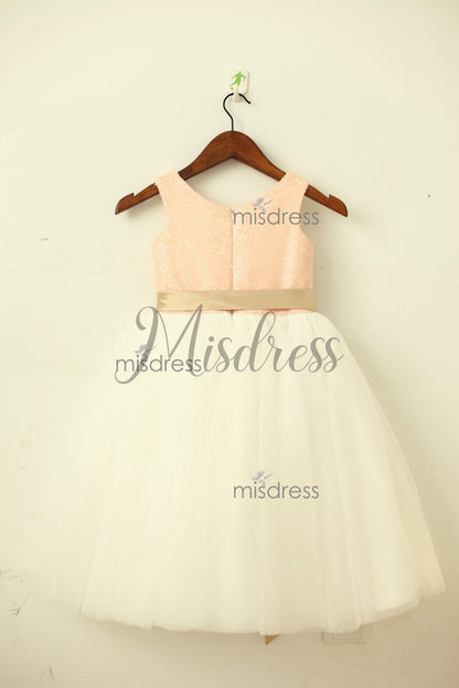 Blush Pink/gold Sequin Ivory Tulle Flower Girl Dress With Navy/champagne Sash - Flower Girl Dresses
