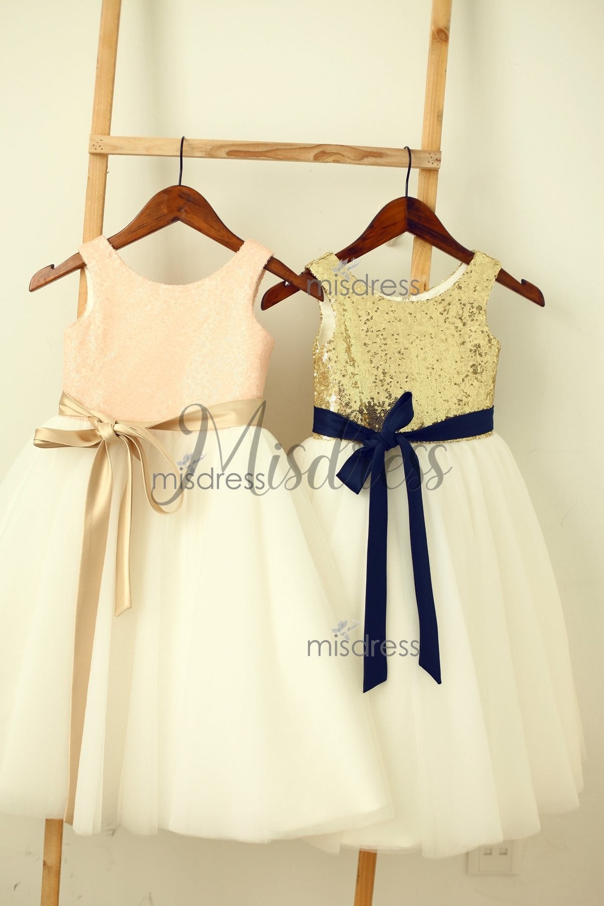 Blush Pink/gold Sequin Ivory Tulle Flower Girl Dress With Navy/champagne Sash - Flower Girl Dresses