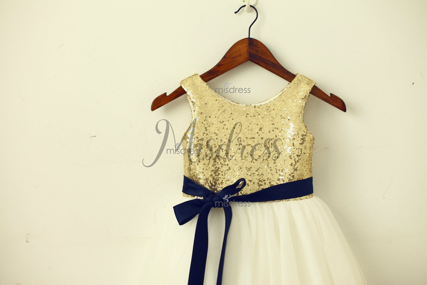 Blush Pink/gold Sequin Ivory Tulle Flower Girl Dress With Navy/champagne Sash - Flower Girl Dresses