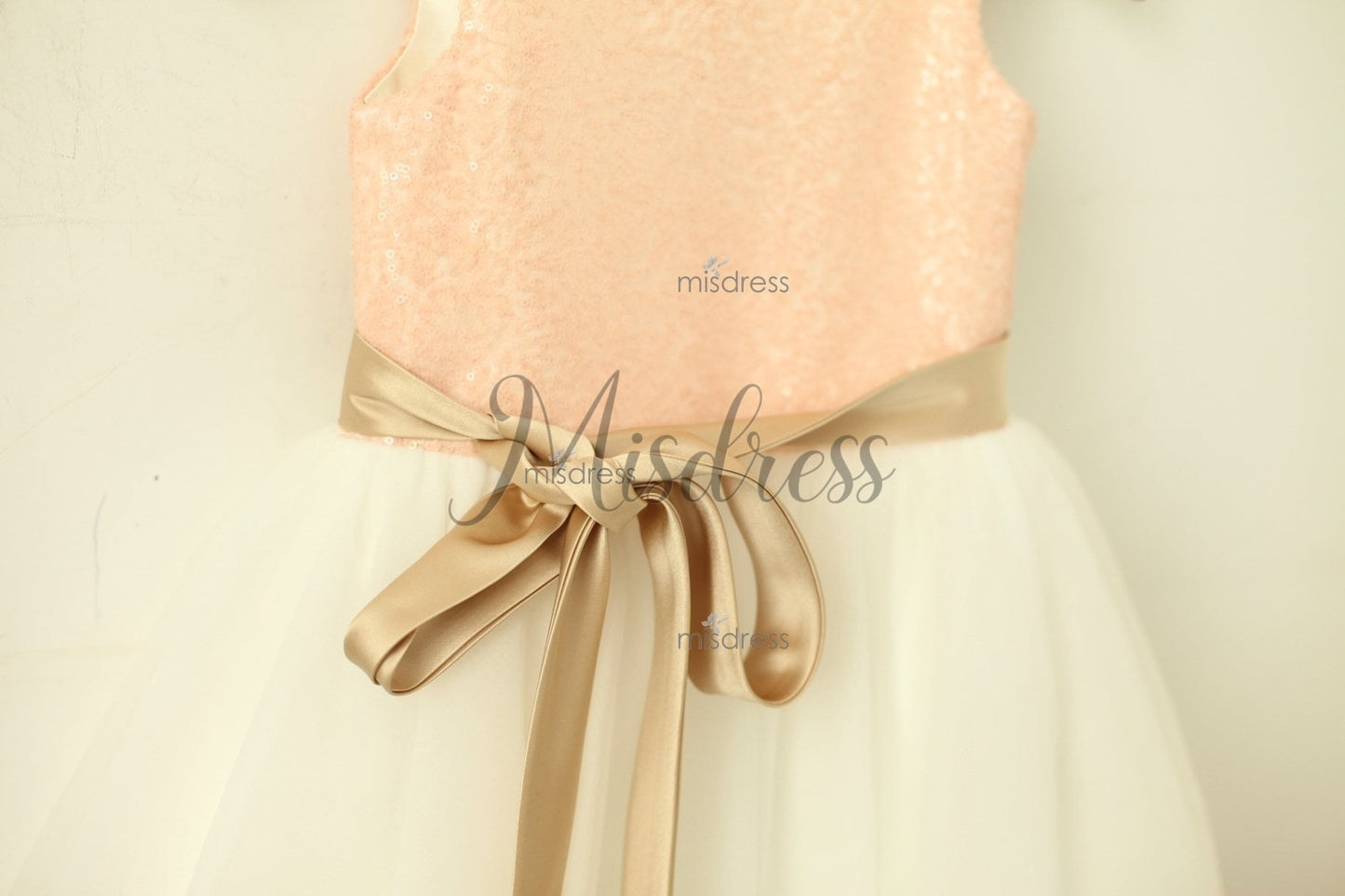 Blush Pink/gold Sequin Ivory Tulle Flower Girl Dress With Navy/champagne Sash - Flower Girl Dresses