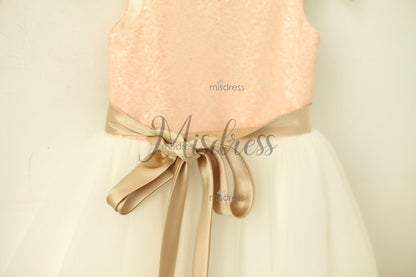 Blush Pink/gold Sequin Ivory Tulle Flower Girl Dress With Navy/champagne Sash - Flower Girl Dresses