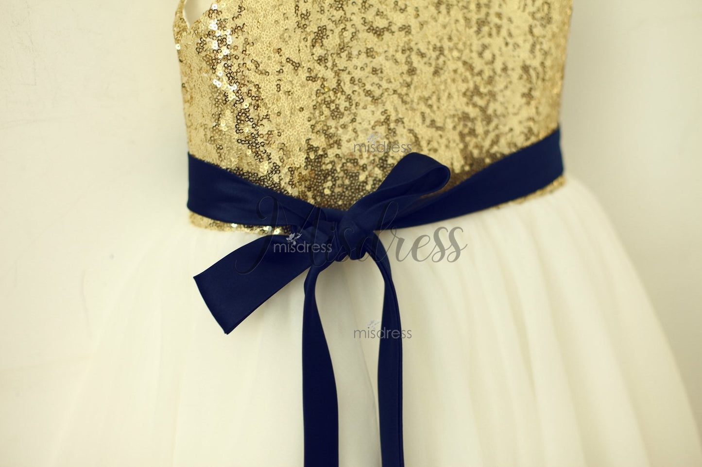 Blush Pink/gold Sequin Ivory Tulle Flower Girl Dress With Navy/champagne Sash - Flower Girl Dresses
