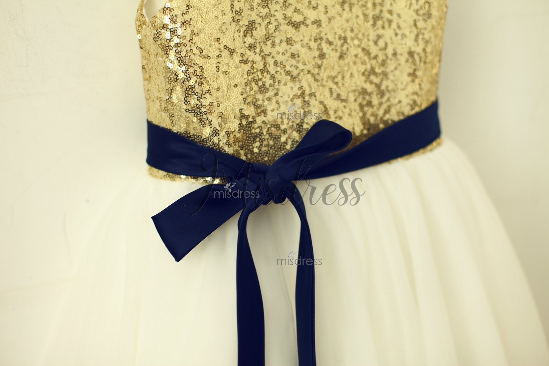 Blush Pink/gold Sequin Ivory Tulle Flower Girl Dress With Navy/champagne Sash - Flower Girl Dresses