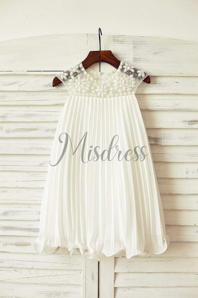 Beaded Ivory Chiffon Pleated Boho Flower Girl Dress - Flower Girl Dresses