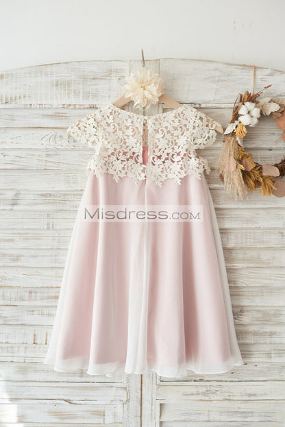 Boho Beach Lace Cap Sleeves Ivory Chiffon Wedding Flower Girl Dress with Pink Lining - Flower Girl Dresses