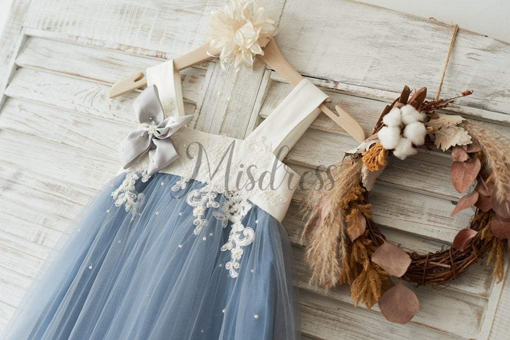 Dusty Gray Tulle Beaded Lace Wedding Flower Girl Dress - Flower Girl Dresses