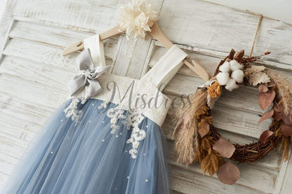 Dusty Gray Tulle Beaded Lace Wedding Flower Girl Dress - Flower Girl Dresses