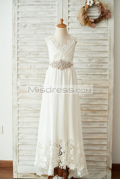 Boho Beach Lace Chiffon Backless Long Wedding Flower Girl Dress with Belt - Flower Girl Dresses