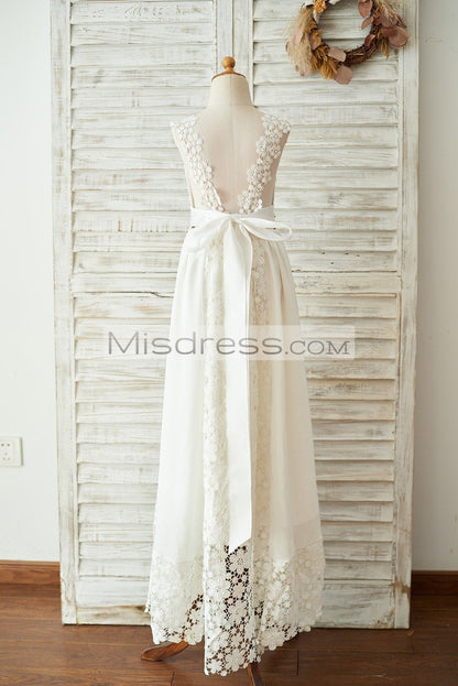 Boho Beach Lace Chiffon Backless Long Wedding Flower Girl Dress with Belt - Flower Girl Dresses