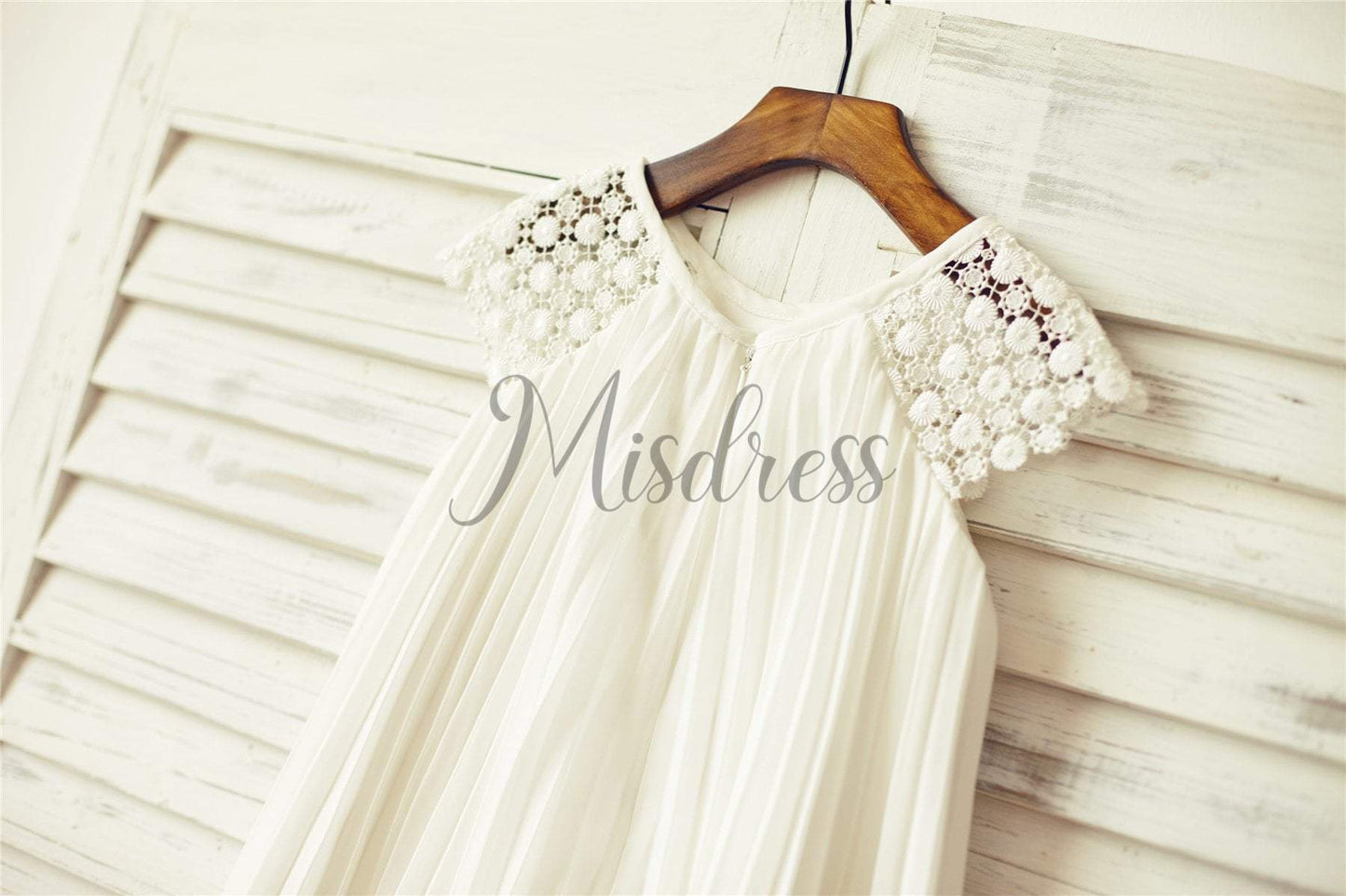 Ivory Pleated Chiffon Lace Flower girl dress with cap sleeves - Flower Girl Dresses