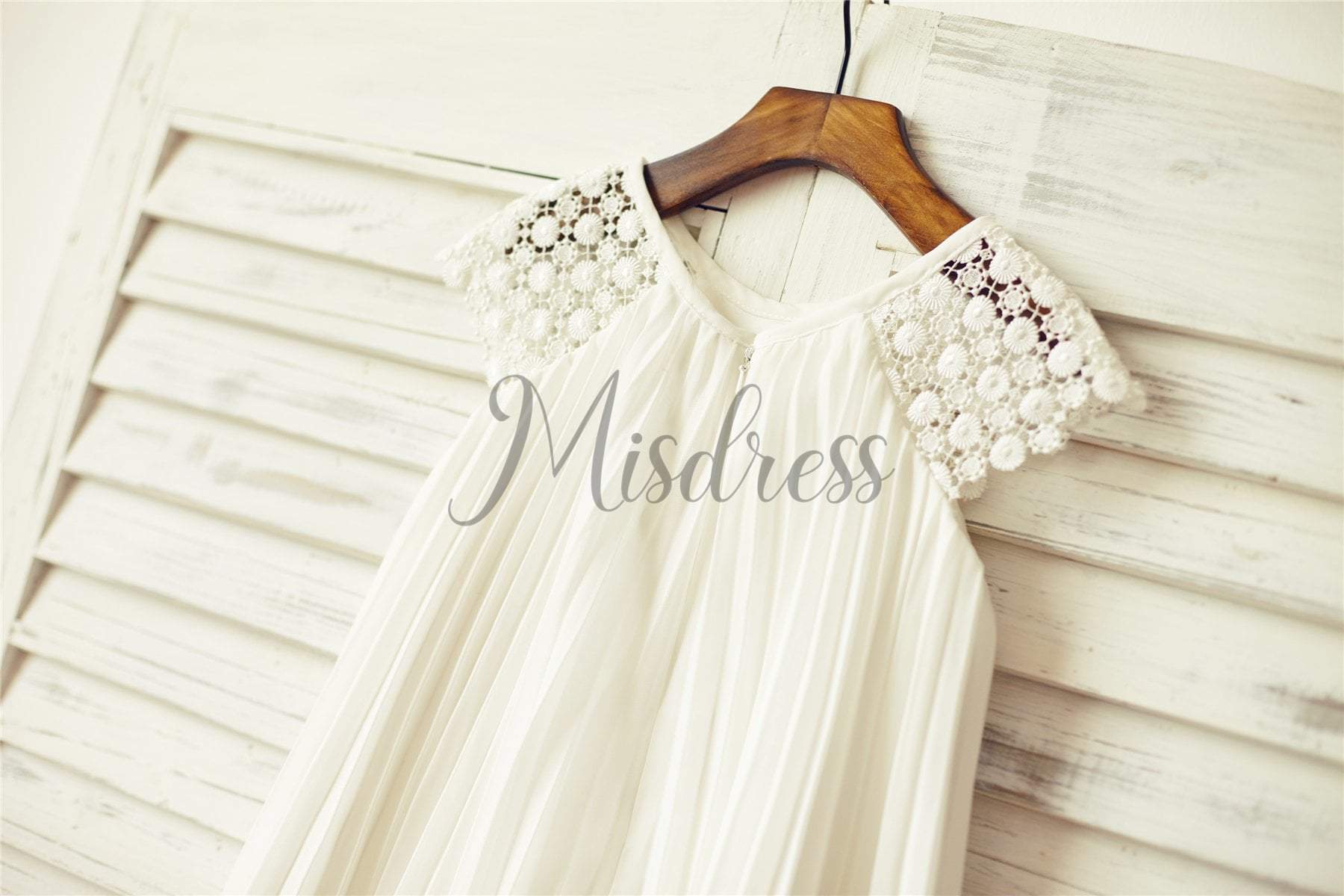 Ivory Pleated Chiffon Lace Flower girl dress with cap sleeves - Flower Girl Dresses
