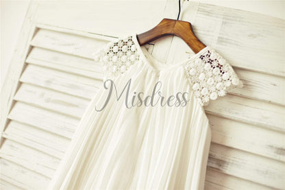 Ivory Pleated Chiffon Lace Flower girl dress with cap sleeves - Flower Girl Dresses