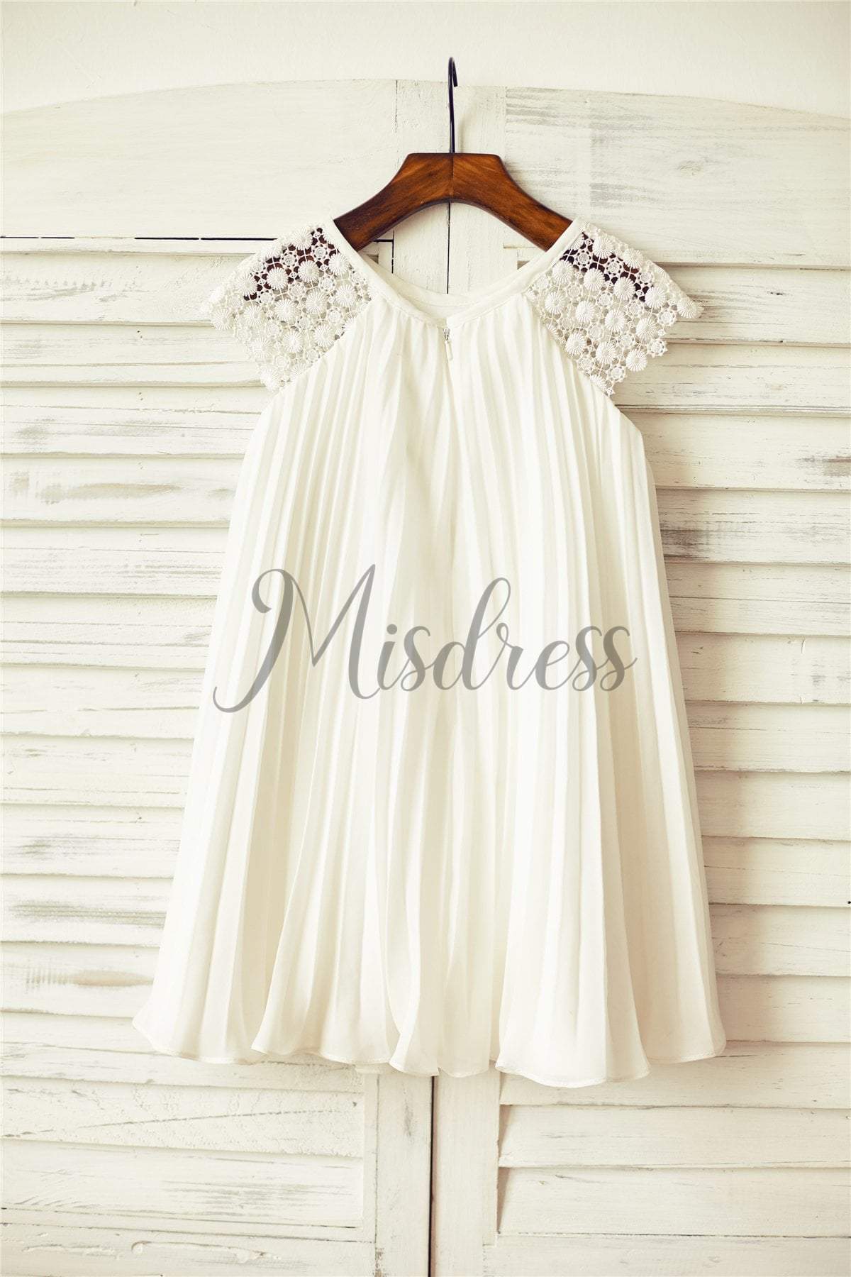 Ivory Pleated Chiffon Lace Flower girl dress with cap sleeves - Flower Girl Dresses
