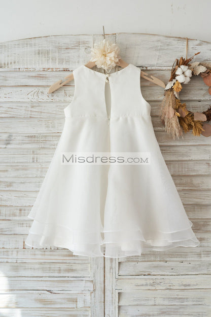 Boho Beach Ivory Satin Organza Wedding Flower Girl Dress with Bow - Flower Girl Dresses