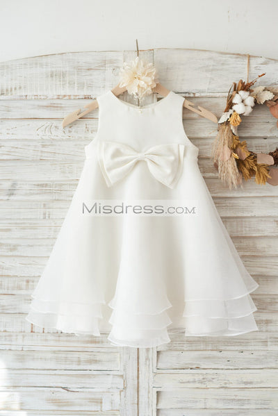 Boho Beach Ivory Satin Organza Wedding Flower Girl Dress with Bow - Flower Girl Dresses