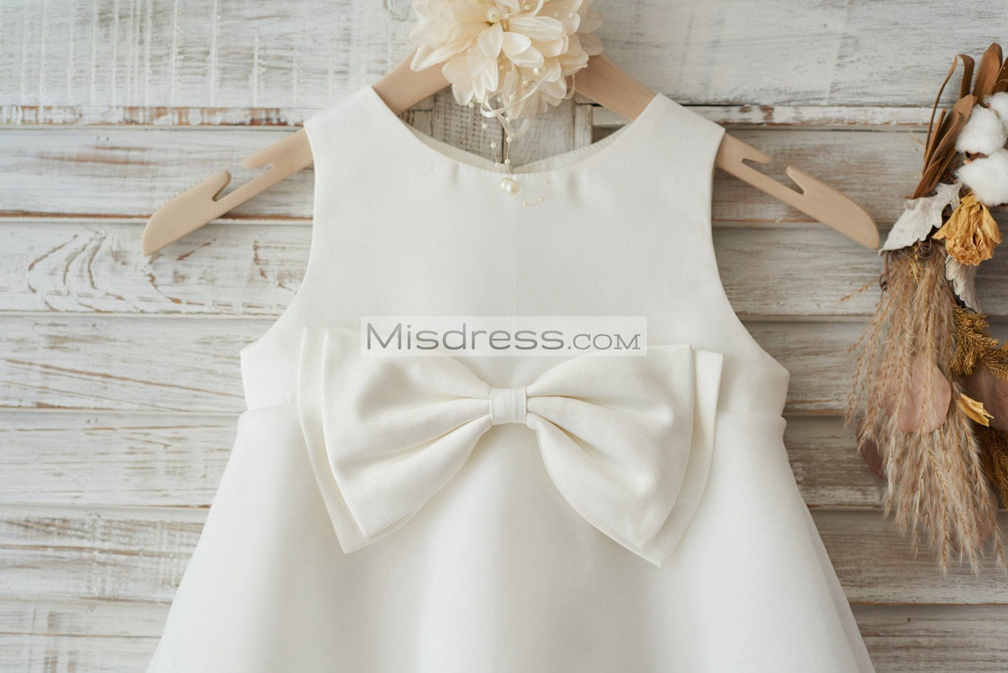 Boho Beach Ivory Satin Organza Wedding Flower Girl Dress with Bow - Flower Girl Dresses