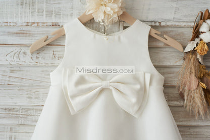 Boho Beach Ivory Satin Organza Wedding Flower Girl Dress with Bow - Flower Girl Dresses