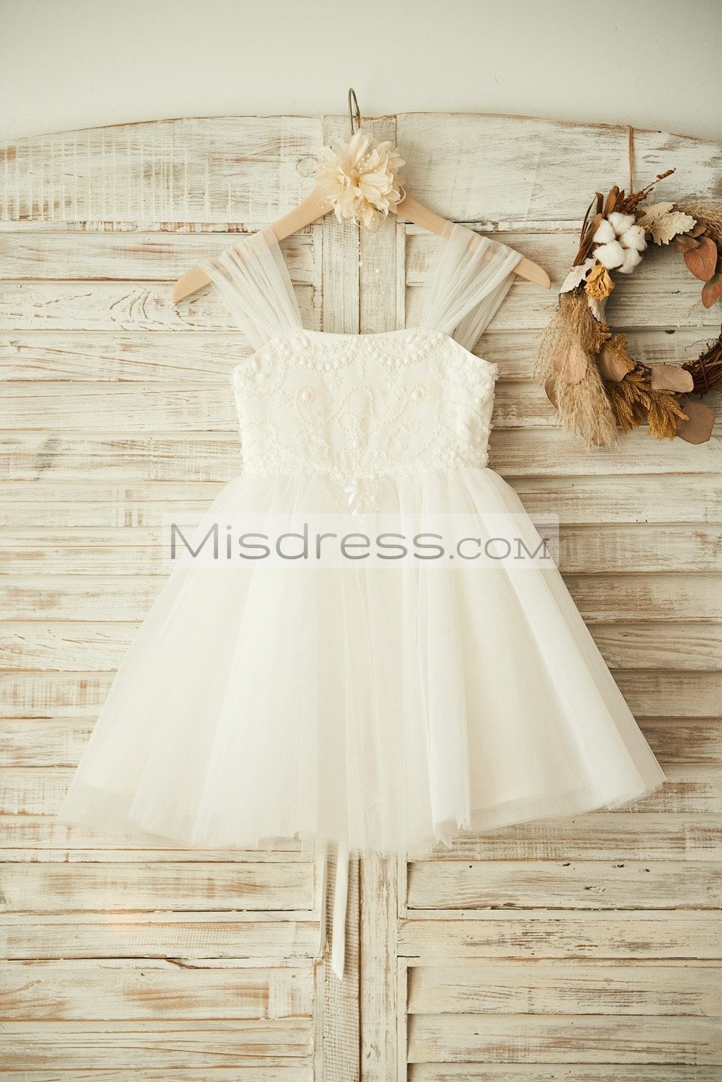 Boho Beach Ivory Tulle Beaded Straps Corset Back Wedding Flower Girl Dress 2T --- Chest = 21 inches/ Waist = 20 inches/ Hollow to knee = 21.5 inches