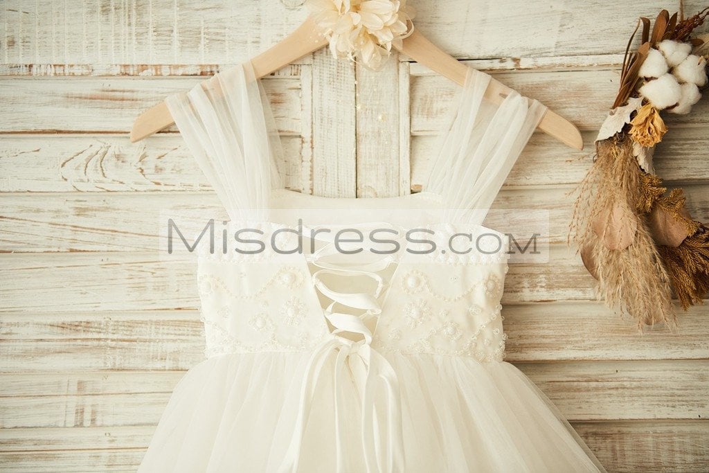 Lace Tulle Spaghetti Straps Wedding Flower Girl Dress, Beaded Belt 2T