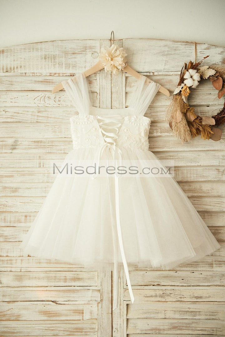 Boho Beach Ivory Tulle Beaded Wedding Flower Girl Dress - Flower Girl Dresses