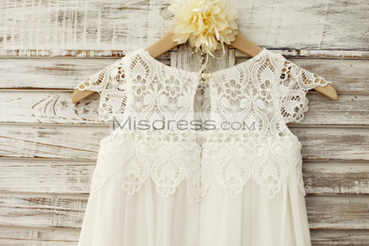 Boho Beach Lace Cap Sleeves Ivory Chiffon Flower Girl Dress - Flower Girl Dresses