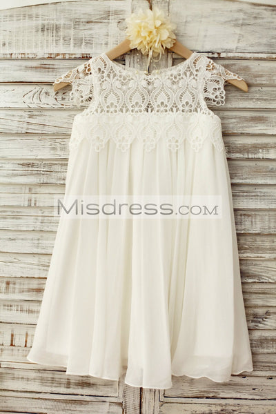 Boho Beach Lace Cap Sleeves Ivory Chiffon Flower Girl Dress - Flower Girl Dresses