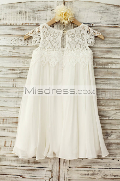 Boho Beach Lace Cap Sleeves Ivory Chiffon Flower Girl Dress - Flower Girl Dresses