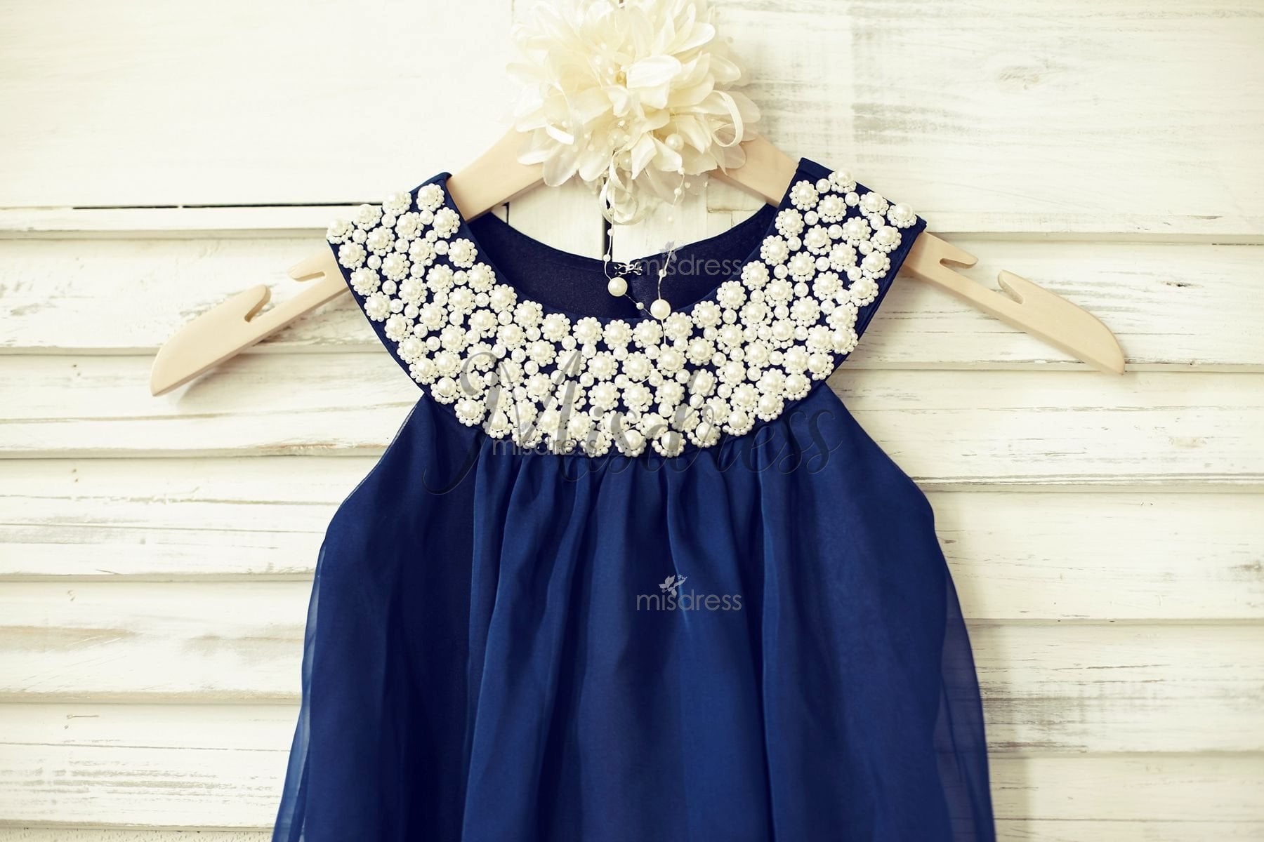 Boho Beach Navy Blue Chiffon Flower Girl Dress with pearl beaded neckline - Flower Girl Dresses
