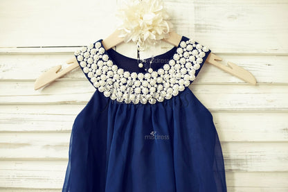 Boho Beach Navy Blue Chiffon Flower Girl Dress with pearl beaded neckline - Flower Girl Dresses