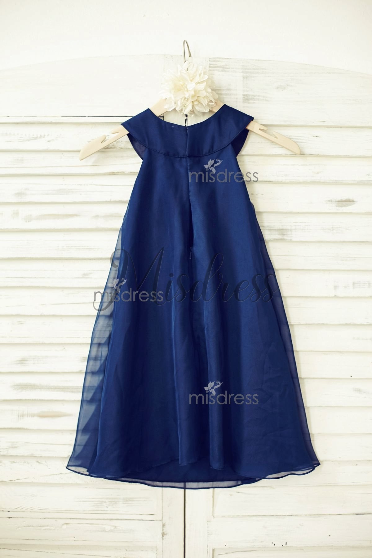 Boho Beach Navy Blue Chiffon Flower Girl Dress with pearl beaded neckline - Flower Girl Dresses