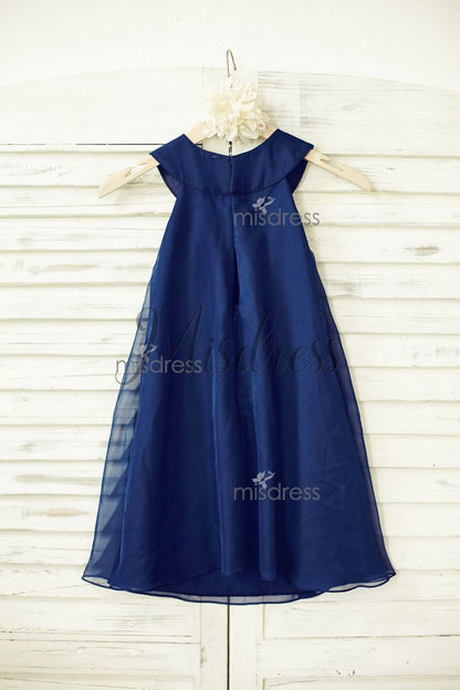 Boho Beach Navy Blue Chiffon Flower Girl Dress with pearl beaded neckline - Flower Girl Dresses