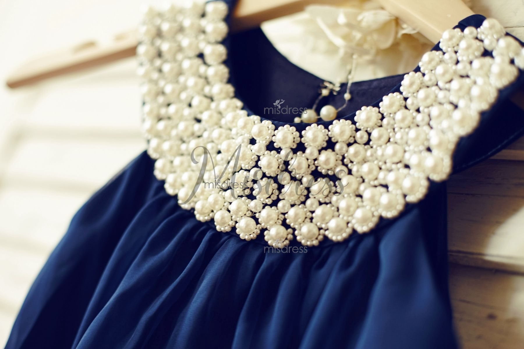 Boho Beach Navy Blue Chiffon Flower Girl Dress with pearl beaded neckline - Flower Girl Dresses